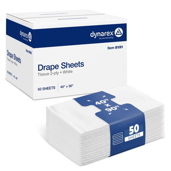 Dynarex Disposable Drape Sheets - 40" x 90" (Case of 50), White, 2-Ply Tissue Paper for Patient Privacy, Exams, and Procedures