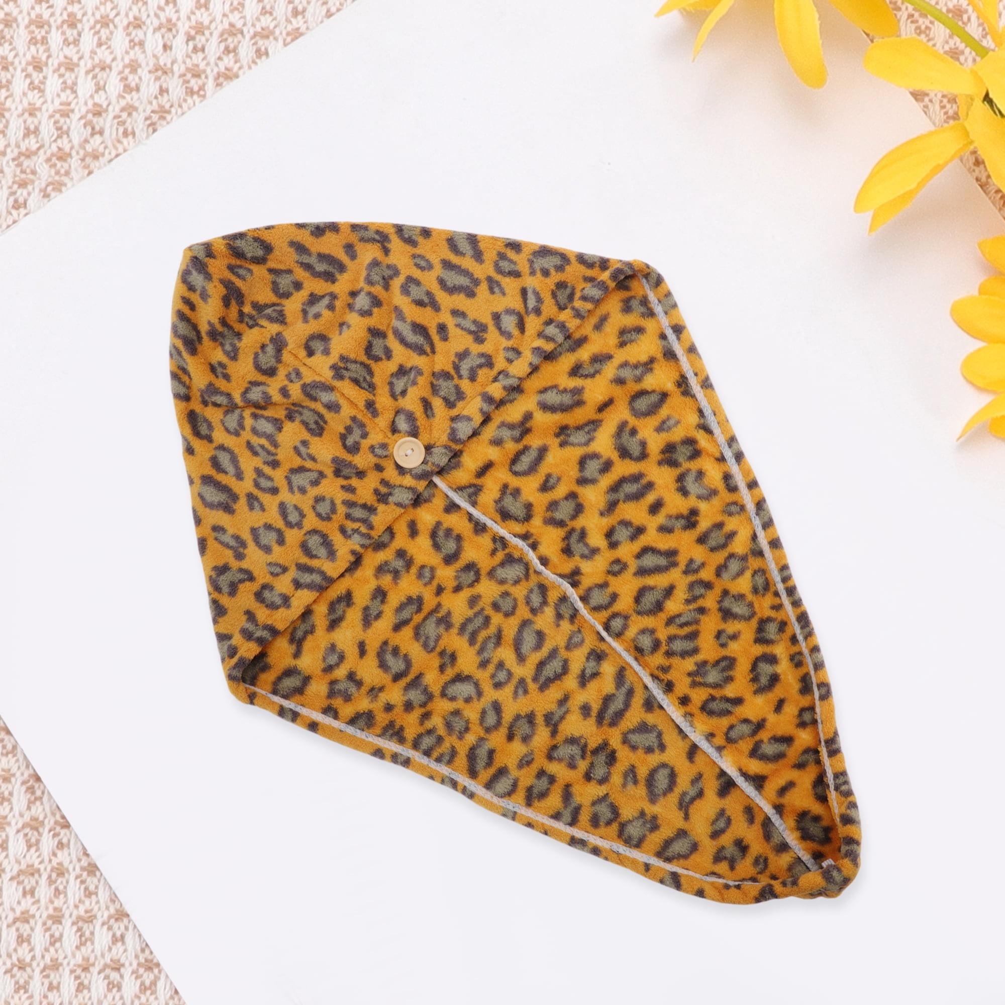 Unique Bargains 1pc Water-absorbent Leopard Print Hair Towel 26.38"x 10.24" Yellow