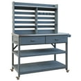 thumbnail image 2 of 64.9"H Outdoor Potting Bench Table with Lockable Wheels, Solid Wood Outdoor Kitchen Island with Upper Hutch, Stainless Steel Top, Towel Rack ,Outdoor Storage for Grilling, Lawn Garden -Grey Blue, 2 of 4