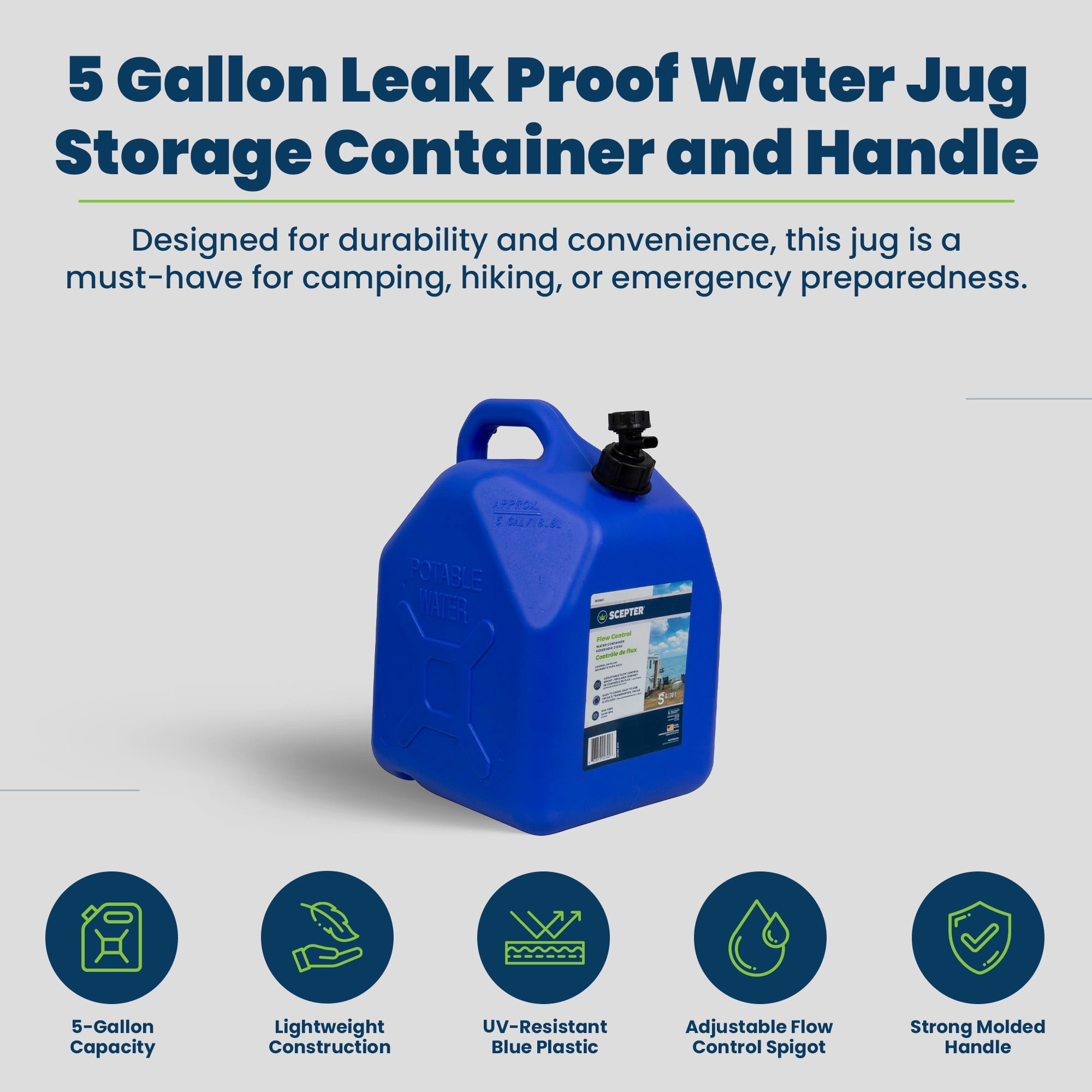Scepter 5 Gallon Leak Proof Water Jug Storage Container and Handle, Spigot, Blue, 4 Pack