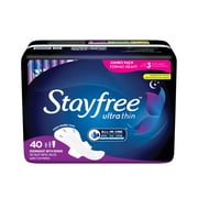 Stayfree Ultra Thin Overnight Pads With Wings, 40 Ct, Multi-Fluid Absorption, Protection For Up To 10 Hours