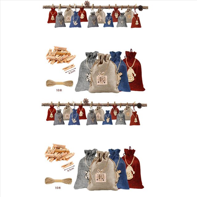 2 Conjunto de Bolsas de Calendario de Adviento de Navidad Bolsa de Regalo con Cordón de 24 Días con Bolsa de Dulces Colgante de Madera para Colgar En Navidad