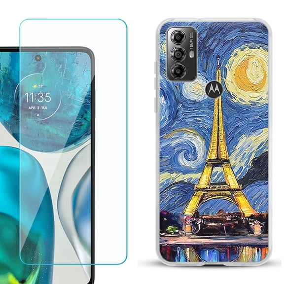OneToughShield ® for Motorola Moto G Play 2023 Shockproof Fashion Phone Case, with Tempered Glass Screen Protector - Starry Night Eiffel