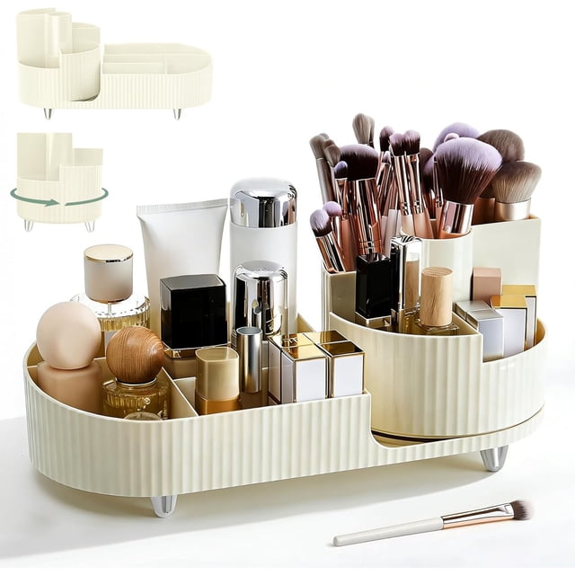 Organizador de Maquillaje, 5 Ranuras Organizador de Escritorio Giratorio 360 Grados, Estante para Brochas de Maquillaje para Pintalabios, Perfumes, Skincare, Lápices (Blanco)
