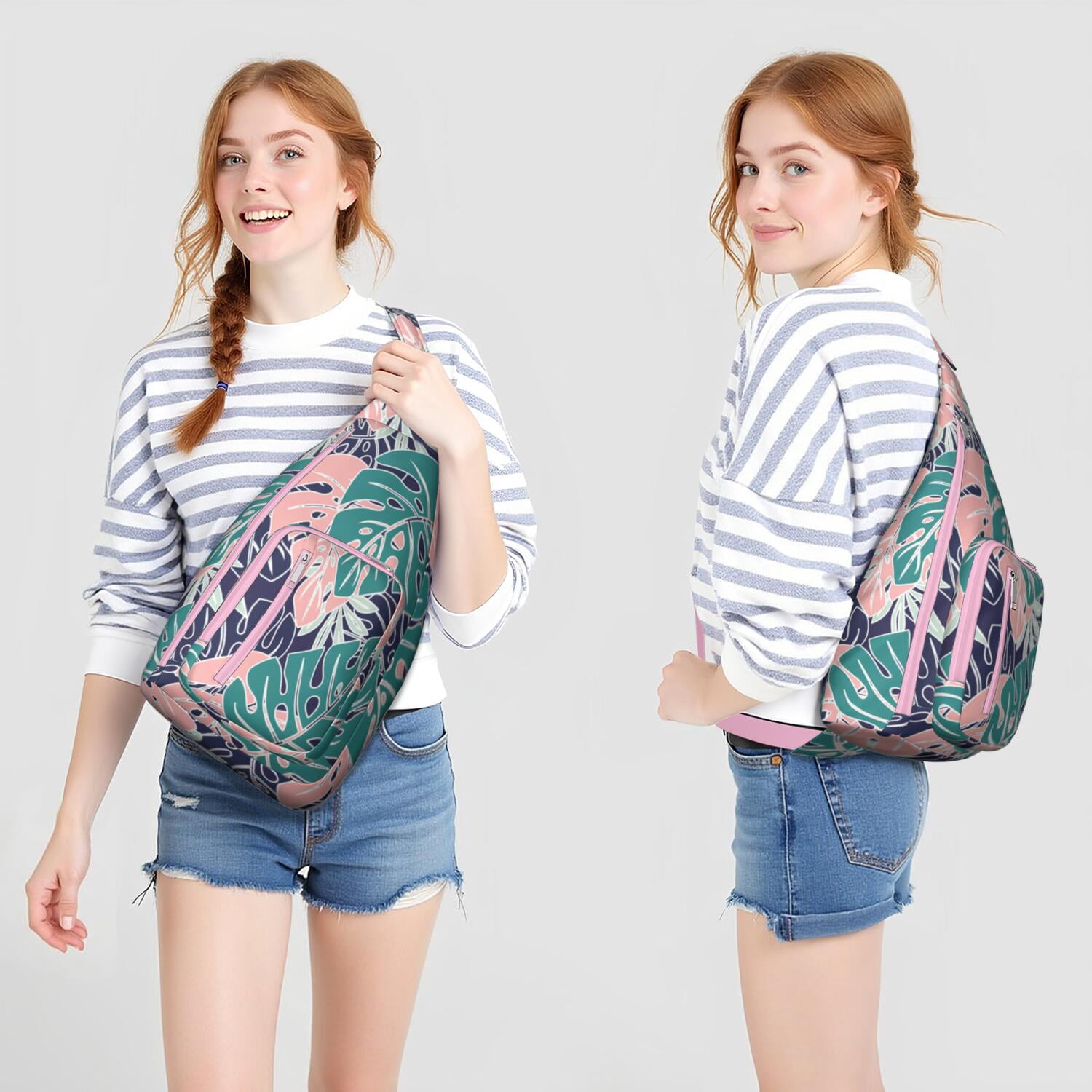 Botanical Jungle Leaves Sling Bag for Women & Men, Multi-Pocket Lightweight Shoulder Bag for Travel