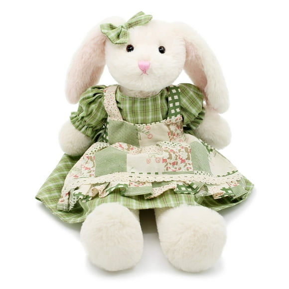 oits cute Small Soft Stuffed Animal Bunny Rabbit Plush Toy for Baby Girls 15inch (White Rabbit Wearing Green Plaid Dress)