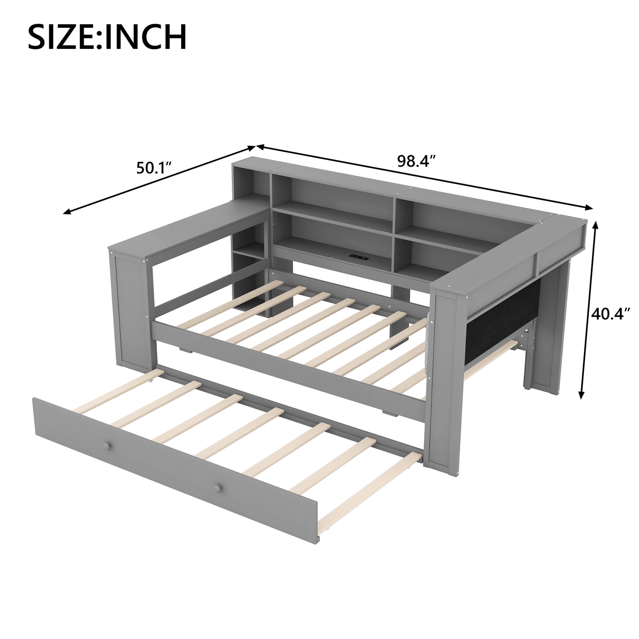 Noble House Twin Platform Bed with Upholstered Headboard, Extra Trundle, Storage Shelves and Charging Station, Grey