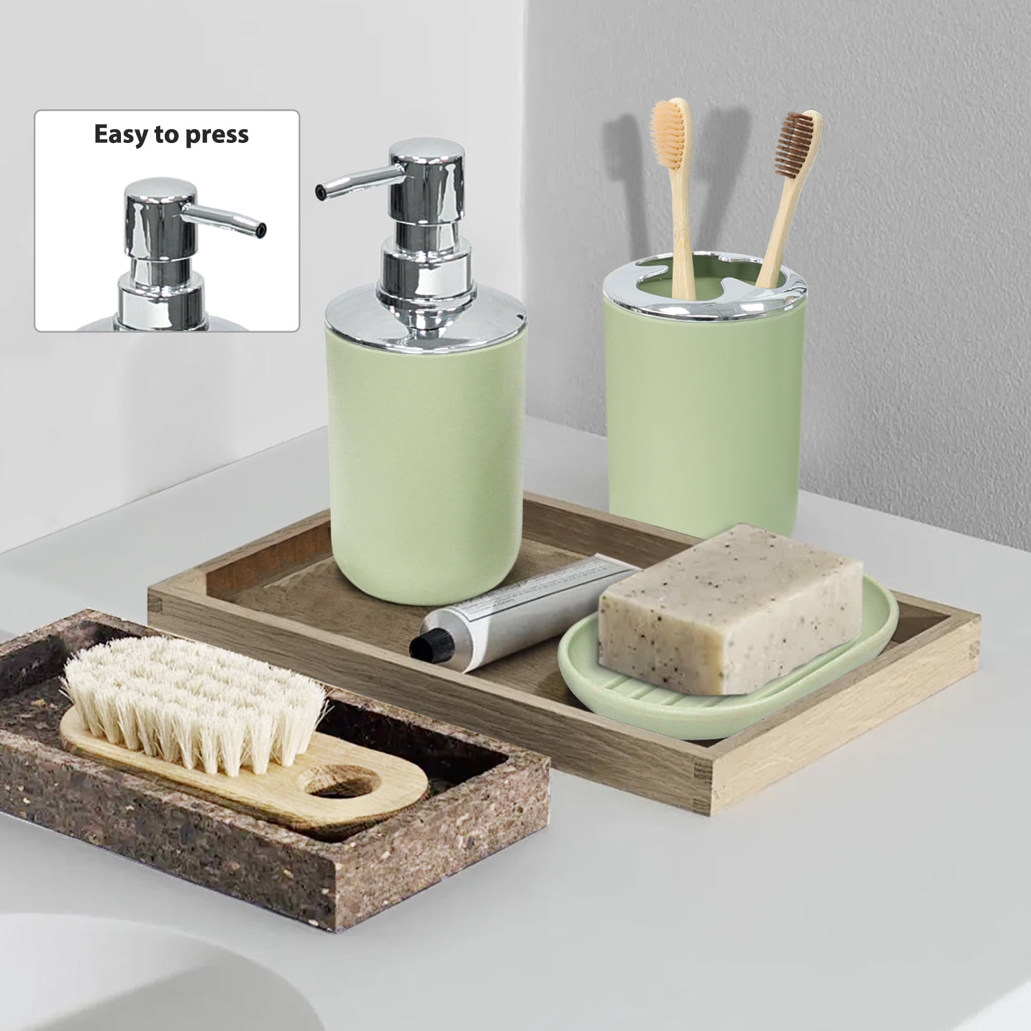 CERBIOR 6-Pieces Plastic Soap Dispenser Toothbrush Holder, Avocado Green