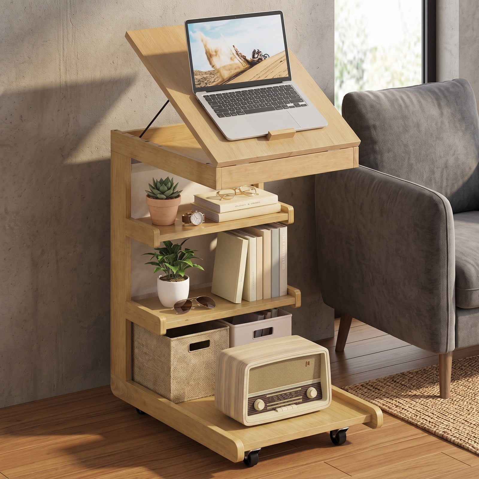 Furnibear C Shaped End Table with Wheels and Adjustable Tilt Desktop, Rolling Sofa Side Table with Hidden Storage and 3 Open Shelves for Couch Bedside Living, Natural