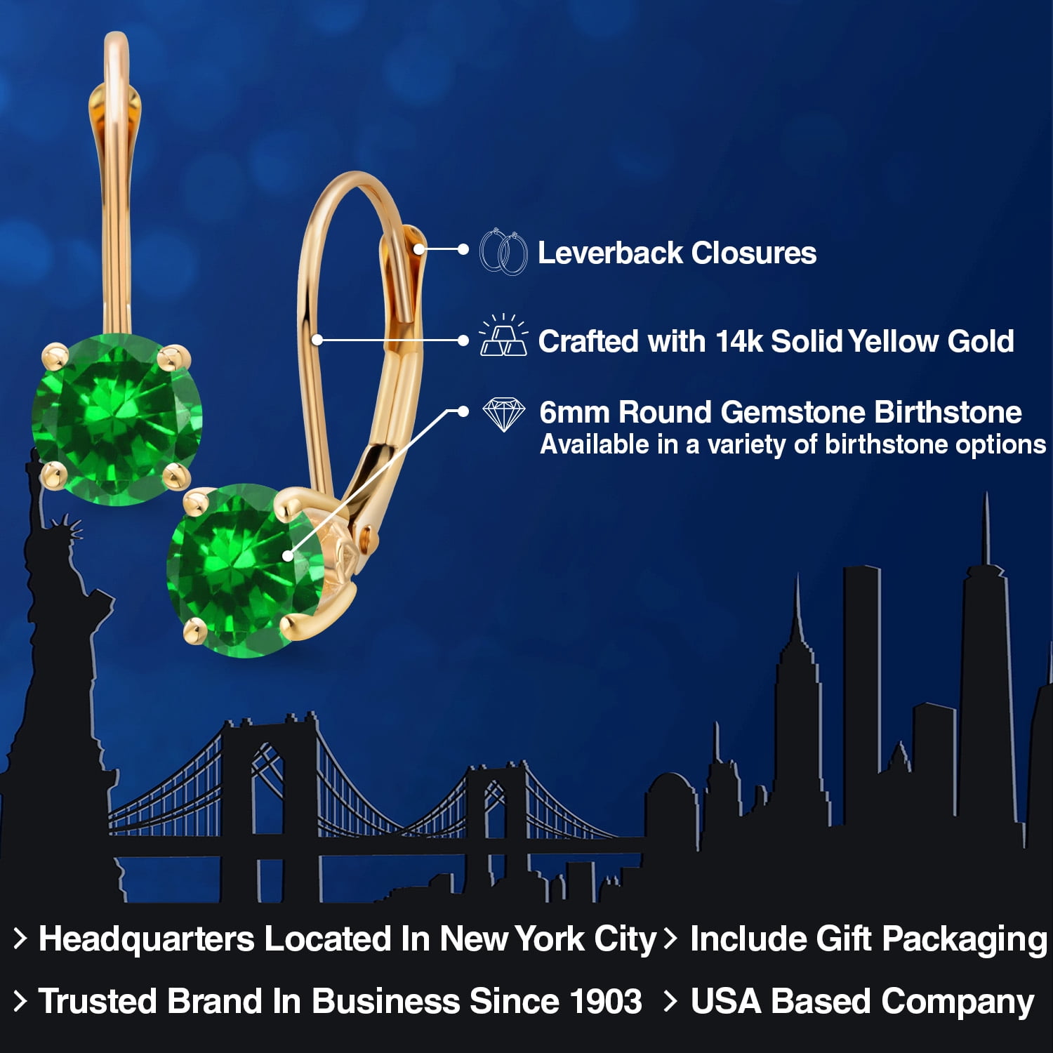 Gem Stone King 14K Yellow Gold Green Created Emerald Dangle Earrings for Women | 2.00 Cttw | Gemstone May Birthstone | Round 6MM