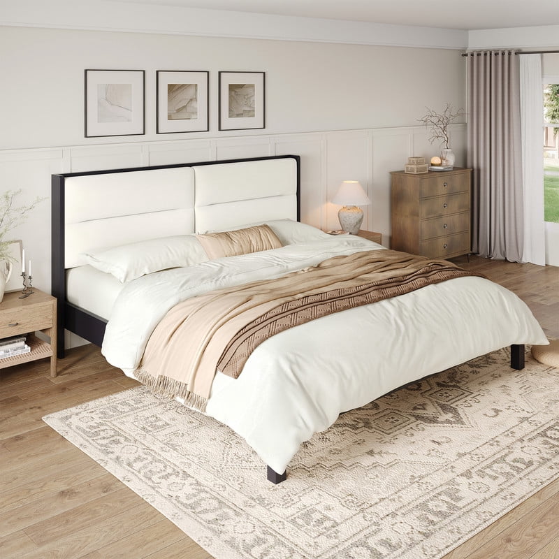 Wooden King Size Platform Bed with Velvet Upholstered Headboard, Low-Profile Bed Frame with Slat Support No Box Spring Needed