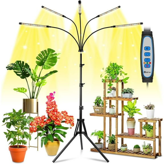 Grow Lights for Indoor Plants Full Spectrum, LED Grow Light with Adjustable Stand and Sturdy Clip, 5-Heads Plant Grow Lights Indoor with Auto 6/12/16H Timer, 3 Light Modes, 5 Levels Dimmable