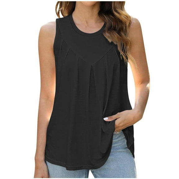 LYEAA Women's Summer Tank Tops No Sleeve Plus Size Sleeveless Crew Neck Summer Loose Casual Tee Shirts Solid Flowy Beach Elegant Pullover Vest Breathable Soft Loungewear Going Out Clothes Black L