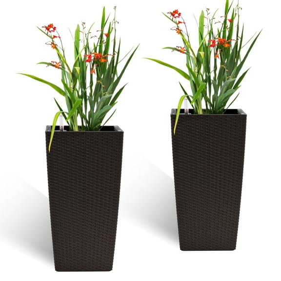 Olurrisa Set of 2 Brown Square Planters 22-Inch, Faux Rattan Design with Automatic Watering System, Self-Watering Flower Pots for Indoor Outdoor Use, Patio and Garden