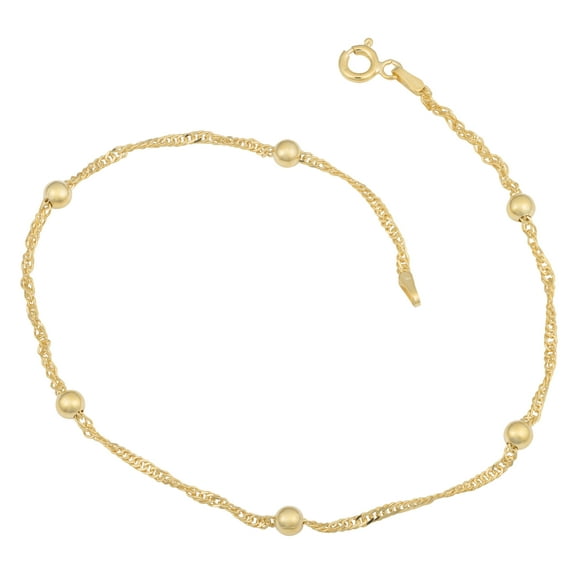 KoolJewelry Yellow Gold Over Sterling Silver 1.5 mm Singapore Bead Station Anklet (10 inch)