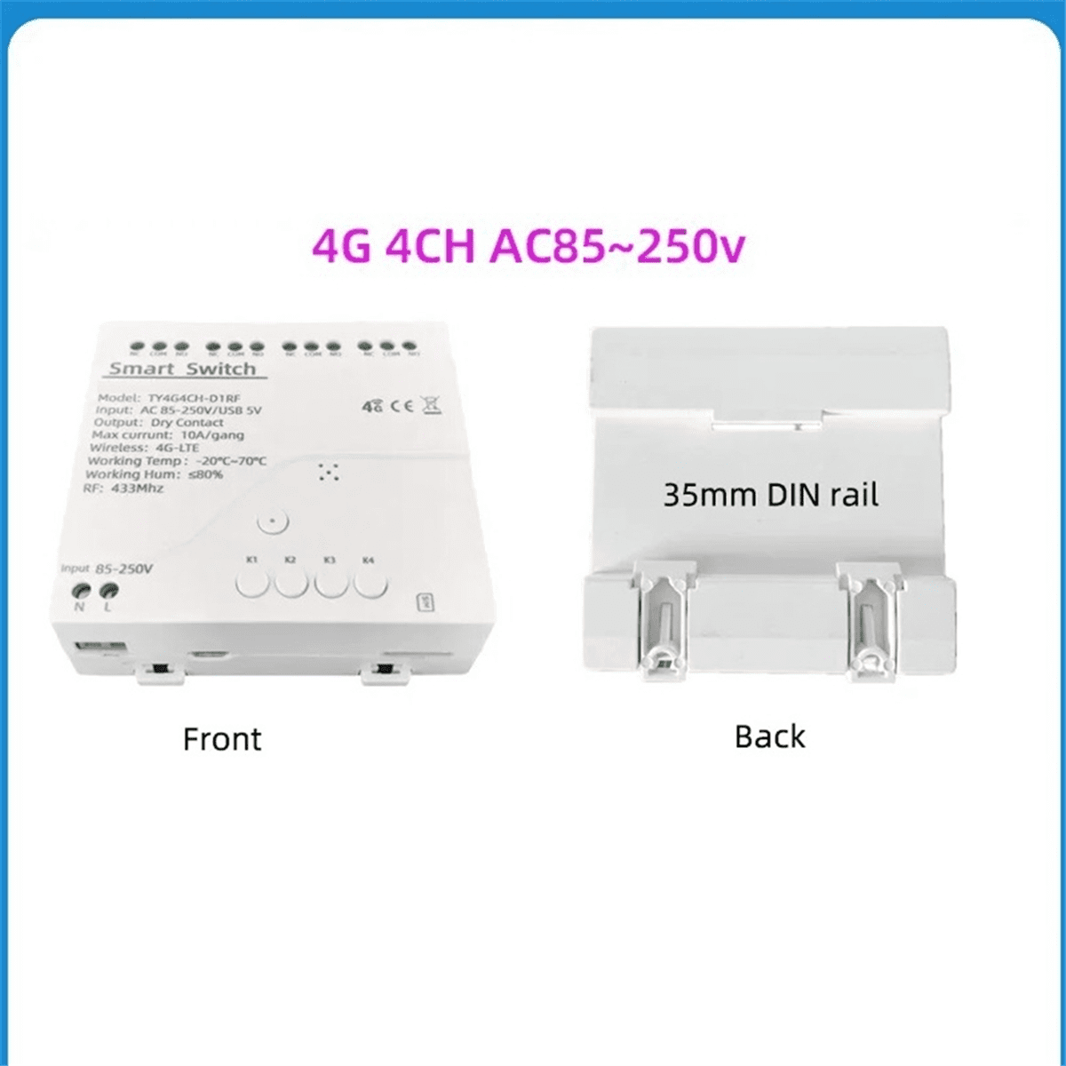 Tuya Smart Switch 4G LTE Relay with 433Mhz Smart GSM Switch APP Wireless Control 4G 4CH Remove Controller AC 85-250V,1 x Smart Switch,White