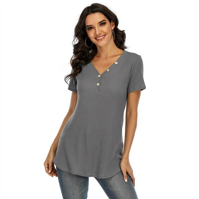 New Women's Waffle Knit Tunic Tops Short Sleeve Loose Fitting Daily Casual Button Up Basic Henley Tops Solid Color Shirt
