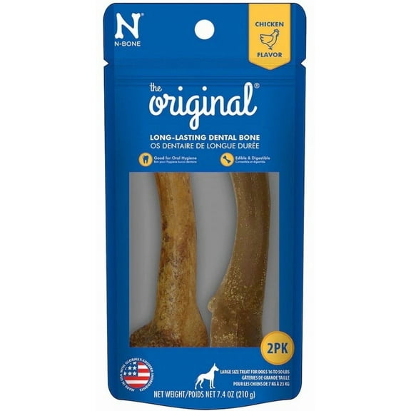 N-Bone  The Original Dried Long-Lasting Dental Chew Bones for Dogs, Chicken Flavor, Large, 2 count, for Medium and Large Breeds, Natural Alternative to Plastic Chew Toys, Made in USA
