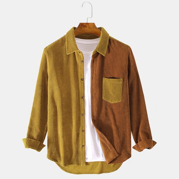 pstuiky camisas de manga larga para hombre, Camisa informal de manga larga con solapa y bolsillo con botones en bloques de color para hombre. Tops casuales para hombres m