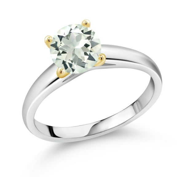 Gem Stone King 1.10 Ct 7mm Round Green Prasiolite 10K White and Yellow Gold Ring Ring (Size 8)