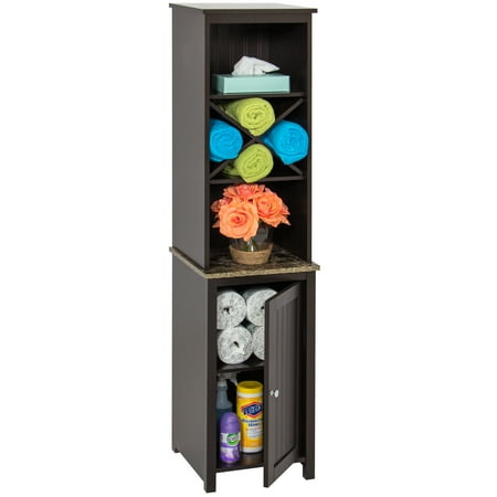 - Best Choice Products Wooden Bathroom Space Saving Standing Tall Floor Tower Storage Cabinet Organizer w/ Faux-Slate Adjustable Shelves - Brown
