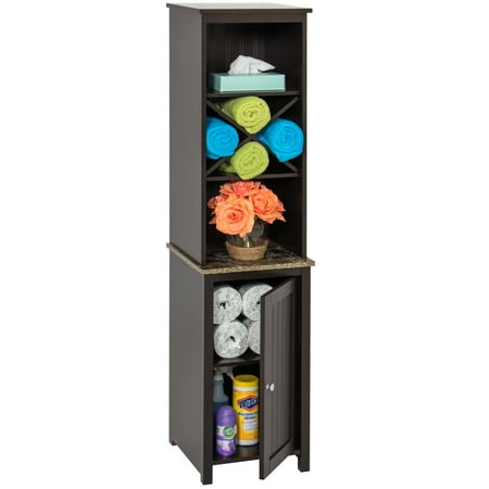 Best Choice Products Wooden Bathroom Space Saving Standing Tall Floor Tower Storage Cabinet Organizer w/ Faux-Slate Adjustable Shelves - (Best Deglosser For Cabinets)