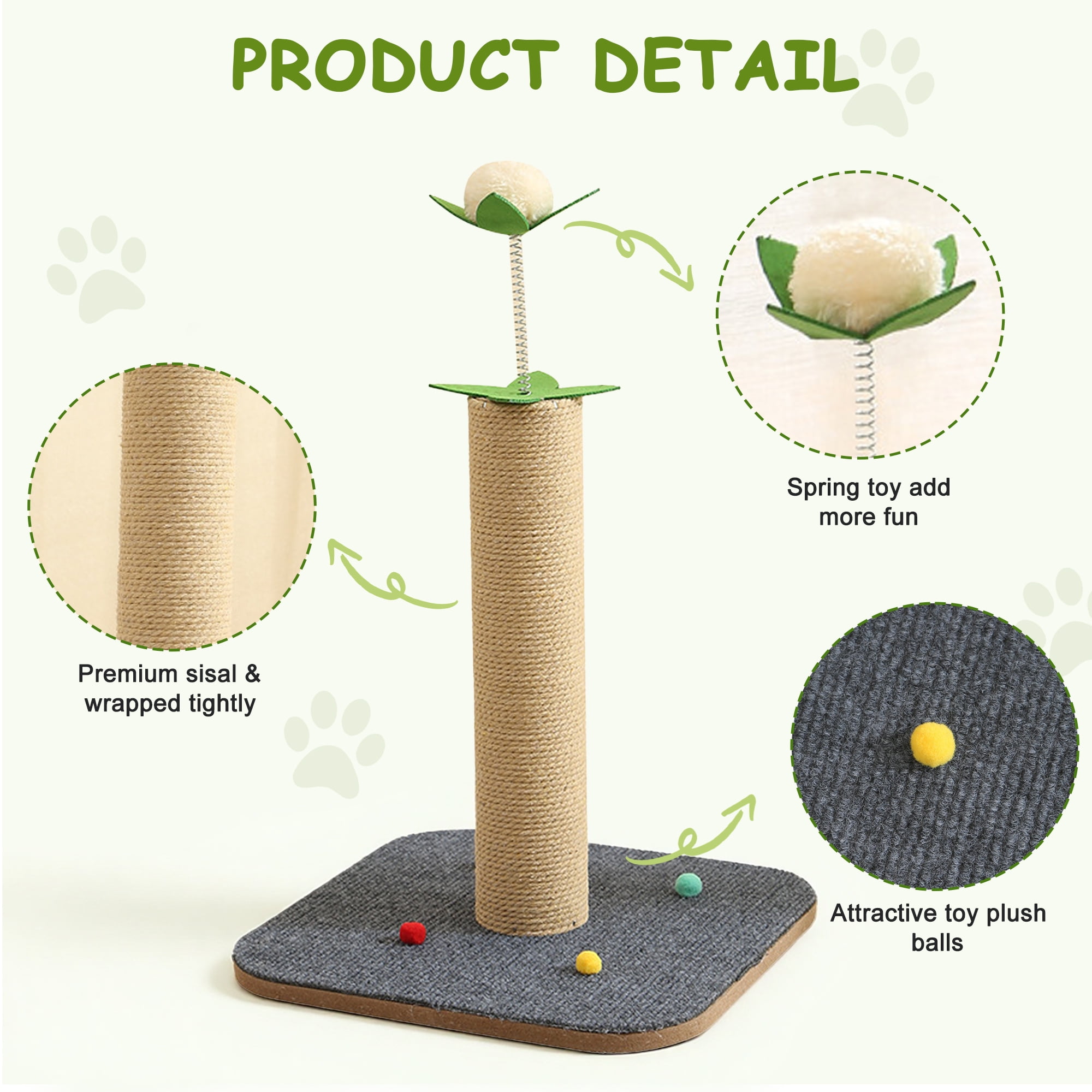 GARITIN Cat Scratching Post, 16'' Tall Cat Scratch Post for Indoor Cats, Kitten Post Scratcher for Interactive Play, Gray