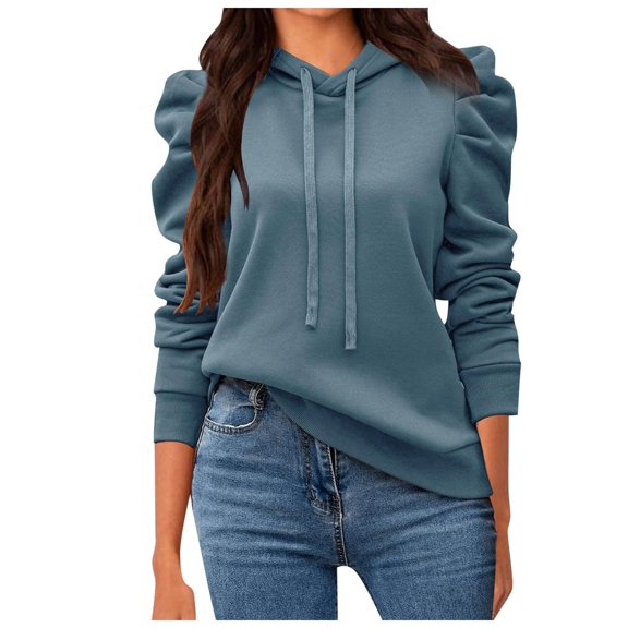 Fgnfyis Women Casual Puff Long Sleeve Hoodies Drawstring Pullover Loose Fit Solid Shirts Fall Fashion Sweatshirt Womens Hoodies Blue L