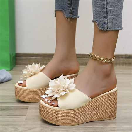 

〖Yilirongyumm〗 Beige 37 Sandals Women Fashion Summer Women Sandals Wedge Heel Thick Sole Super High Heel Flower Solid Color