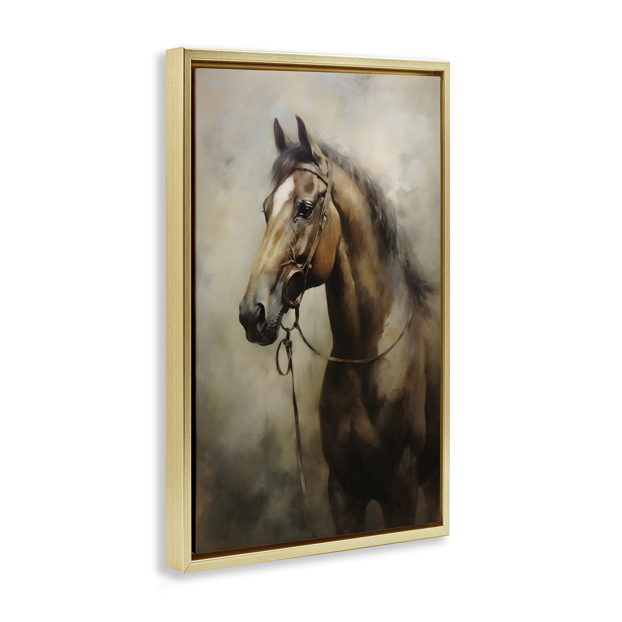 Stupell Industries Brown Horse Portrait Animals & Insects Painting Gold Floater Framed Canvas Art Print Wall Art, 21 x 31