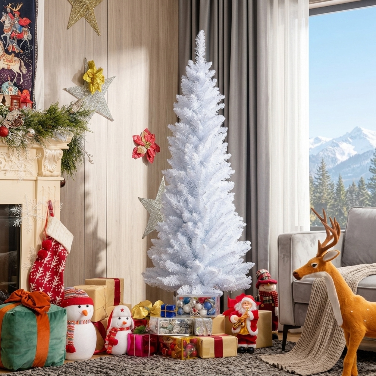 RUIE, 6 ft, Artificial Christmas Tree, 6 Ft White Pencil Tree, 340 Branch Tips, White, Hinged Branches for Christmas Party Living Room Decor