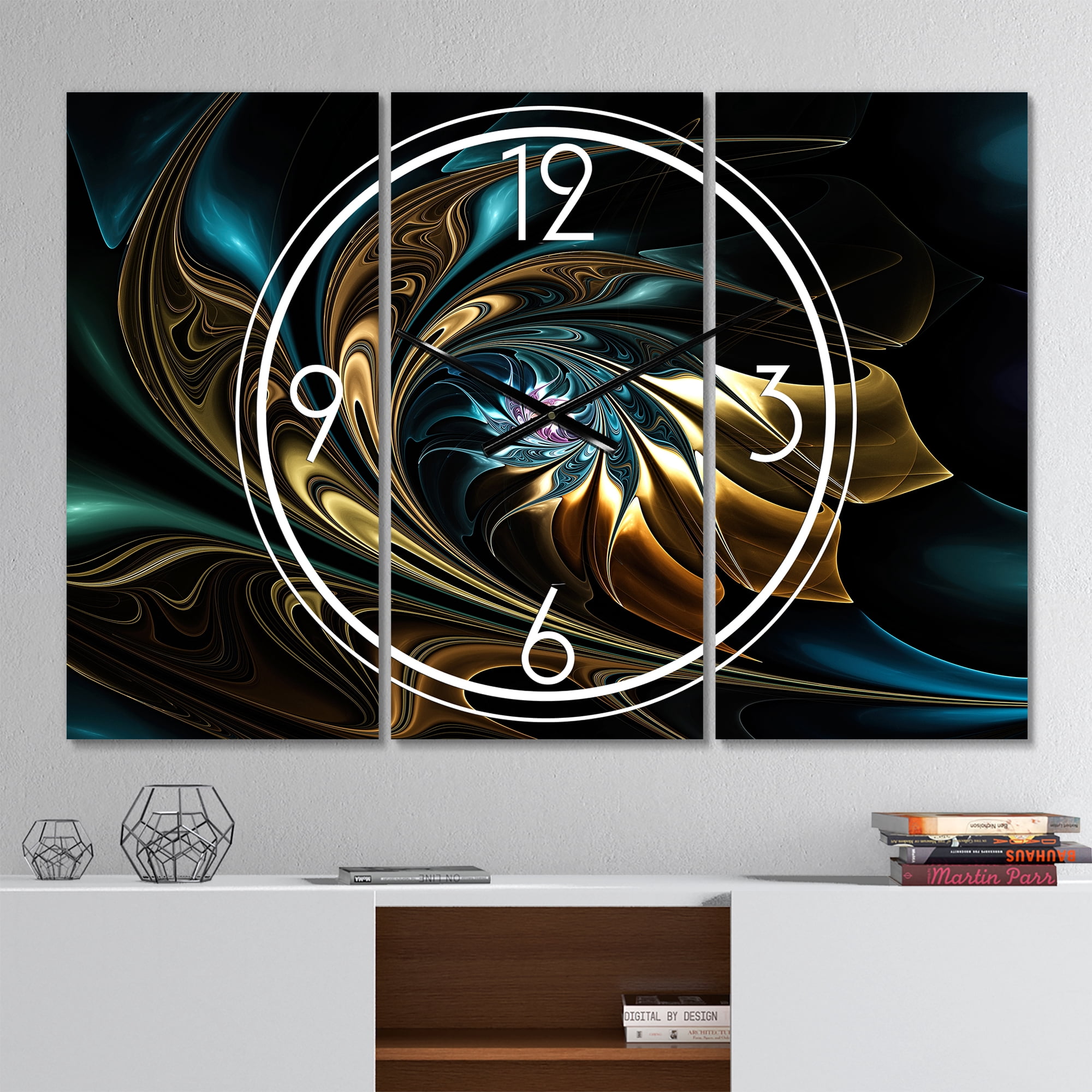Designart 'Brown Blue Fractal Flower in Black' Modern Wall Clock