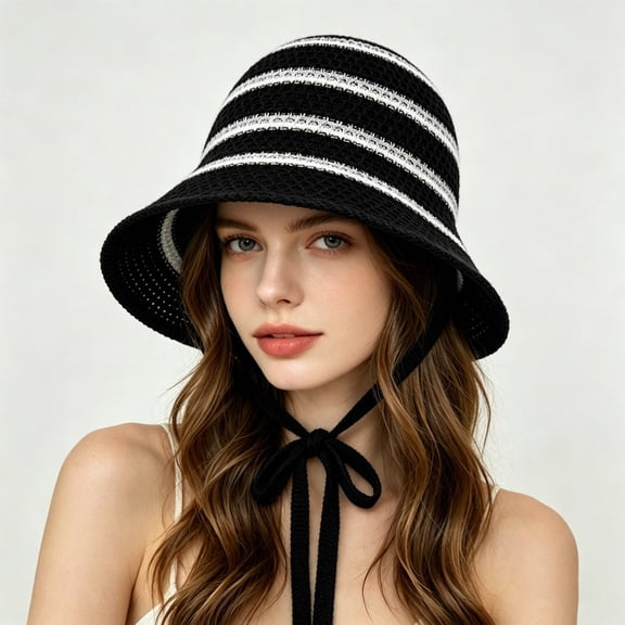 SAZBJOJN Sun Hats for Women Striped Bucket Hat Summer Large Head Wide Brim Sun Hat Lightweight Breathable Outdoor Travel Fashion Fisherman Cap Beach Hat Black