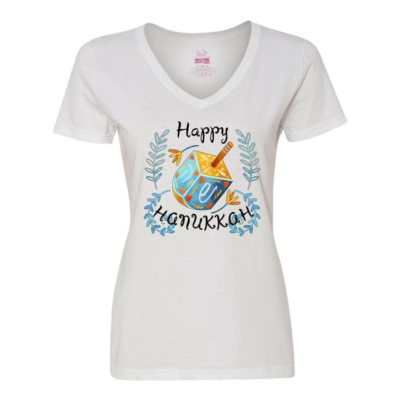 Inktastic Happy Hanukkah Dreidel and Laurels Women's V-Neck T-Shirt