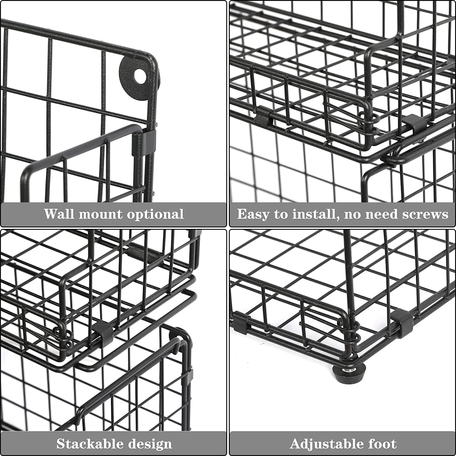 X-COSRACK 3-Tier Stackable Wire Basket, Foldable Metal Storage Bin for Kitchen Pantry & Countertop, Wall Mounted Fruit and Vegetable Organizer for Onion Potato Snacks, Black