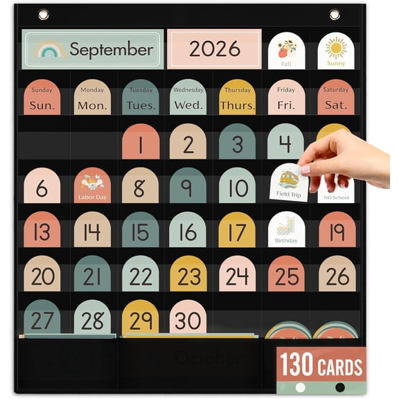 Classroom Monthly Calendar Pocket Chart for Kids Learning, 105 Cards Black Wall Calendar and Weather, Teacher Supplies for Kindergarten Preschool Elementary Homeschool Must Have