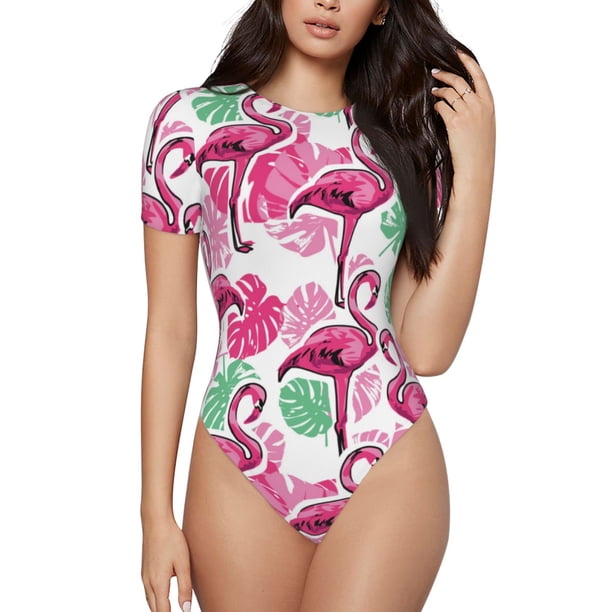 Fotbe Flamingo Body de Mujer con Cuello Redondo y Mangas Cortas, Sin Mangas Ajustado, Suave, Cómodo y Básico-X-Large