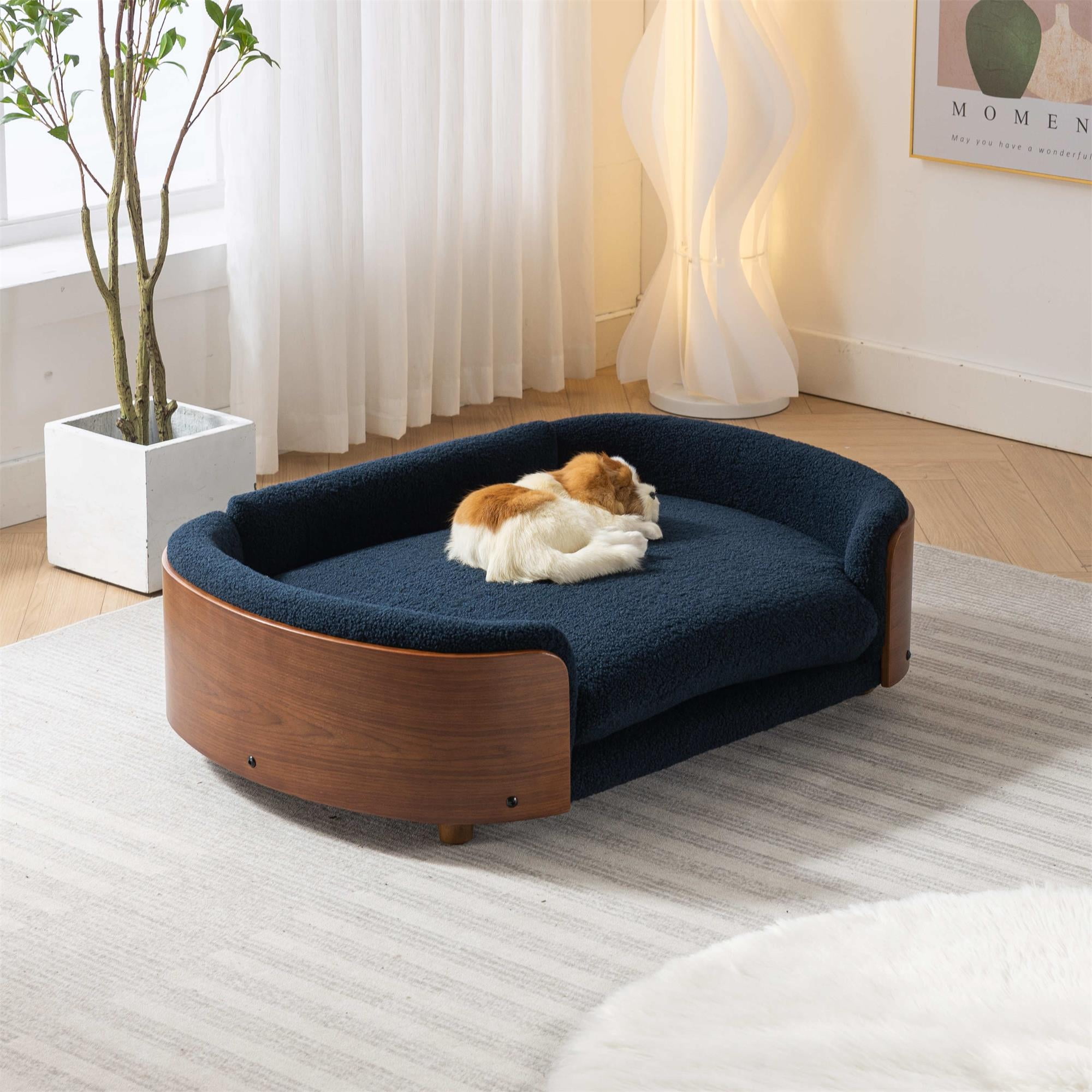 Pefilos 38" Elevated Pet Dog Bed with Solid Wood Legs and Walnut Bent Wood Back, Cashmere Cushion, Pet Sofa for Indoors Dogs, Dark Blue Pefilos 38" Elevated Pet Dog Bed with Solid Wood Legs and Walnut Bent Wood Back, Cashmere Cushion, Pet Sofa for Indoors Dogs, Dark Blue