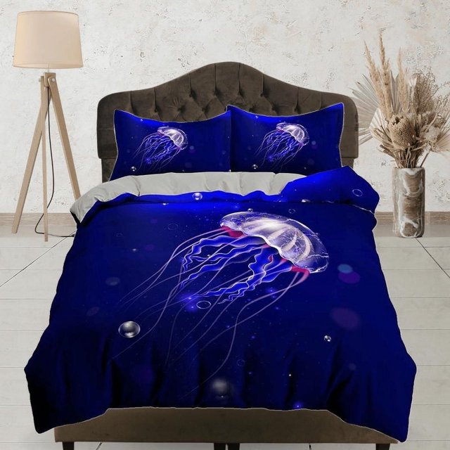 Jellyfish Bedding Indigo Funda Nórdica, Ocean Blush Sea Animal Bed Set Full