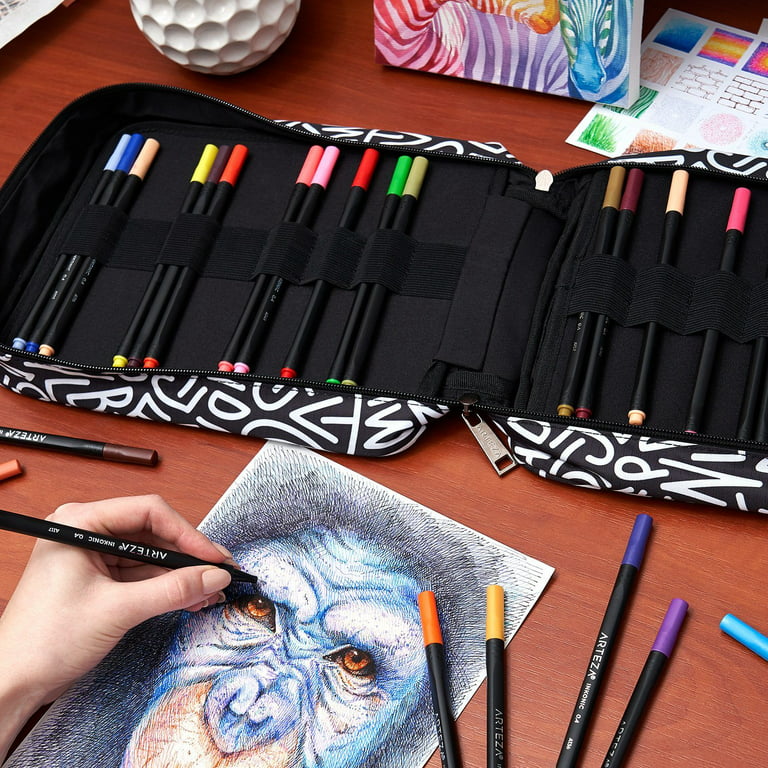 Arteza Artist Pencil Case Organizer, 64 Elastic Slots, Black & White Pattern, Up