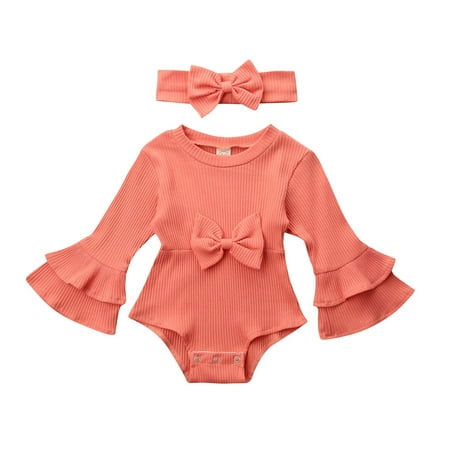 

Baby Girls Knitted Solid Romper Long Ruffled Sleeve Triangle Crotch Baby Clothing with Big Bowknot Hairband 2Pcs