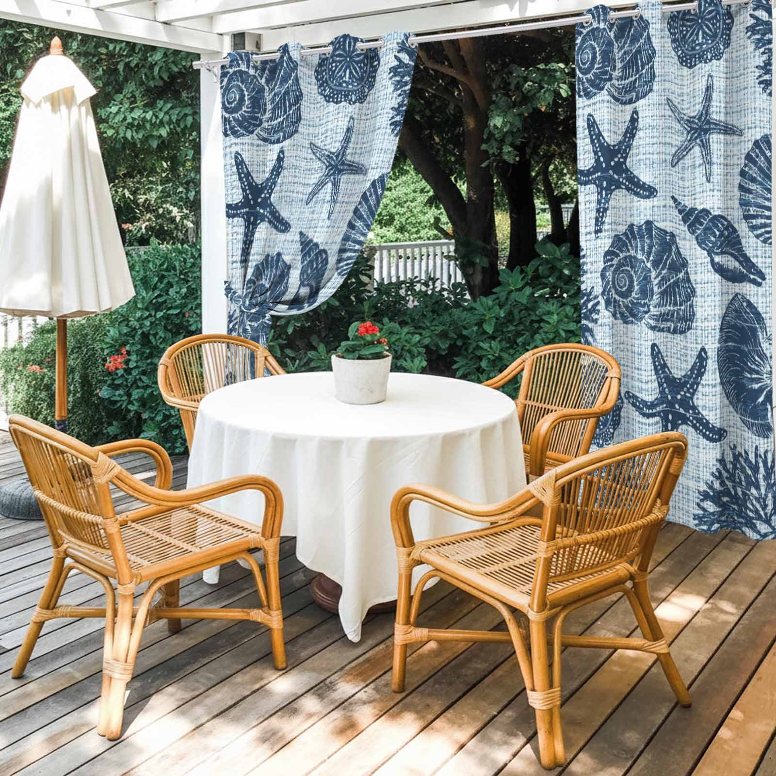 Marine Life Outdoor Curtains for Patio, Navy Starfish Conch Coral Linen Texture Ocean Sunshade Privacy Drapes Grommet Waterproof Outside Curtains for Porch/Cabana/Balcony 54"x 108", 1 Panel