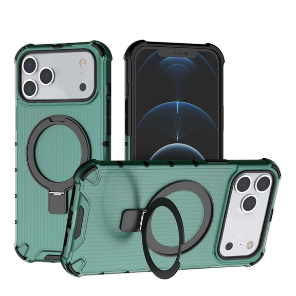 Magnetic Case for iPhone 17 Pro Max Heavy Duty Rugged Dual-Layer Protection, [Compatible with MagSafe] Ring Holder Kickstand Shockproof Matte Scratch Armor Back Cover, Green