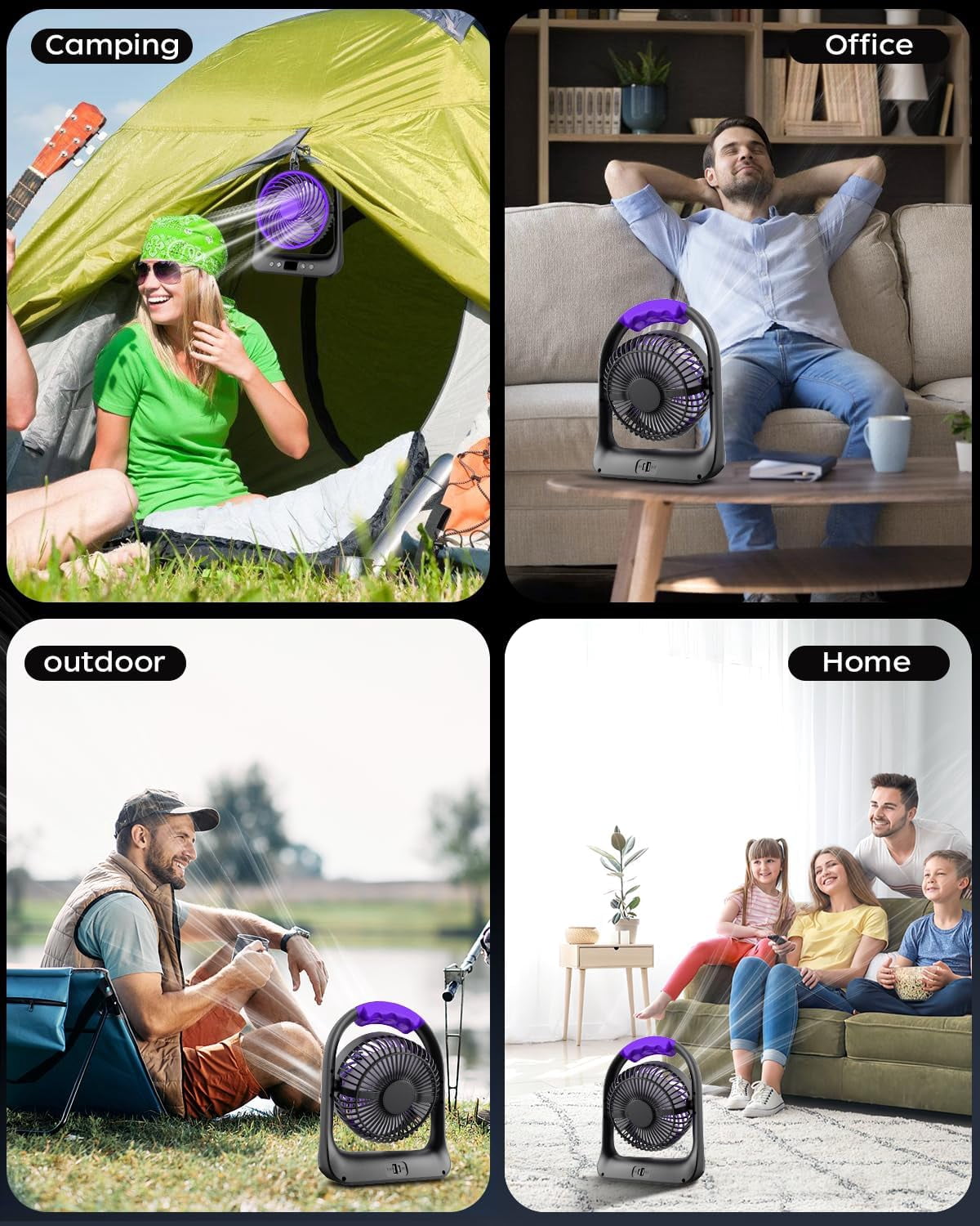 HGGQVVS 6" Rechargeable Camping Fan, Battery Operated Small Portable Fan with 3 Speeds & 6H Runtime LED, 360° Tiltable, USB Type-C Charging, Ideal for Outdoor, Travel, Camping, Home & Office, Purple