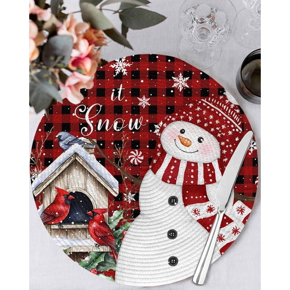 15 Inch Round Placemats Set of 4, Red Plaid Snowman Christmas Non Slip Heat Insulation PP Table Mats, Xmas Snowflake Birds Berry Winter Washable Place Mats for Kitchen Dining Party Table Decor