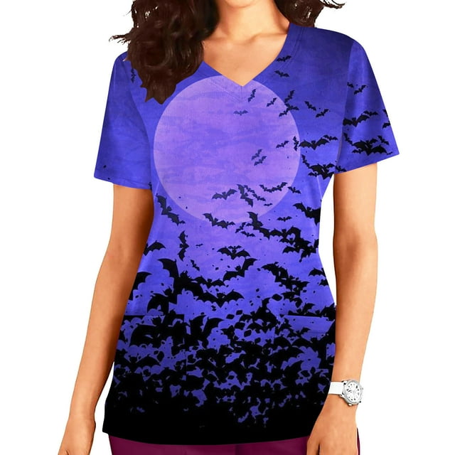 HKEJIAOI T-Shirts à Manches Courtes Col en V Imprimé Graphique Halloween pour Femmes Bleu Foncé TG
