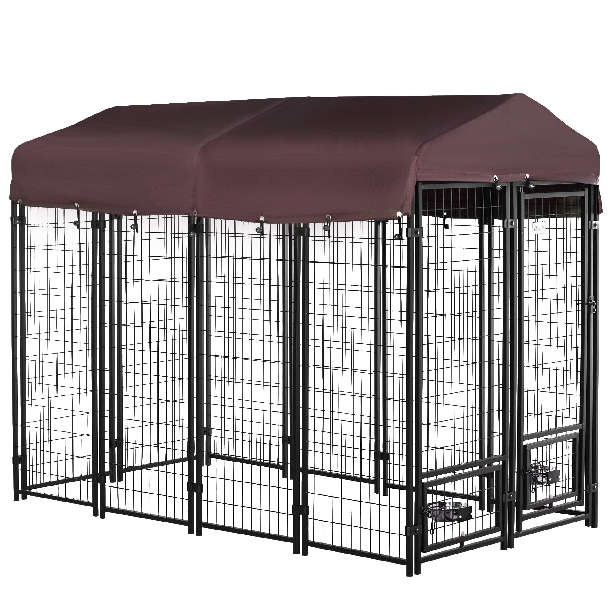 PawHut Outdoor Dog Kennel with Rotating Bowl Holders, Walk-in Pet Playpen, Red