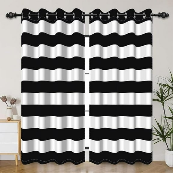 Black And White Horizontal Stripe Window Curtains Black White Striped Curtain Drapes With Grommets Retro Funky Modern Boho Farmhouse Art Decor Simple Lines Pattern 26"W x 45"L (Pack of 2)