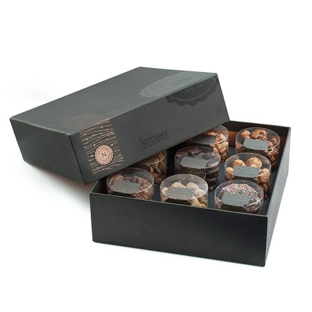 - The Nuttery Gourmet Nut Gift Basket 9 Section Gift Box (9 cylinder),Variety Fresh Roasted Nuts and Premium Chocolate, Assorted Gift Box
