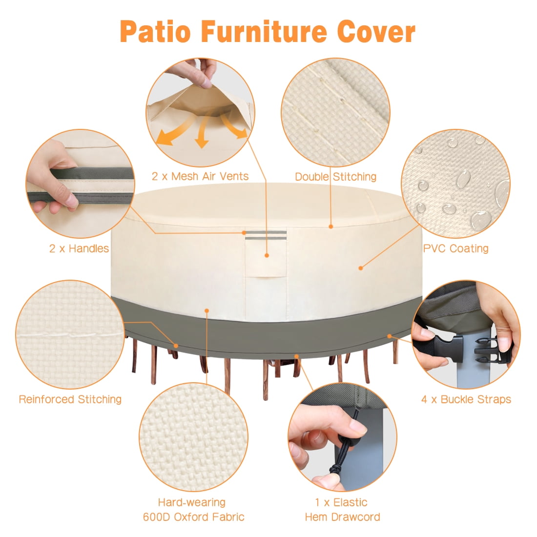SEKKVY Patio Furniture Cover 600D Heavy Duty Waterproof Tear-Resistant Fade Resistant Outdoor Round Dining Table Set Cover Table and Chairs Cover 72 Diameter